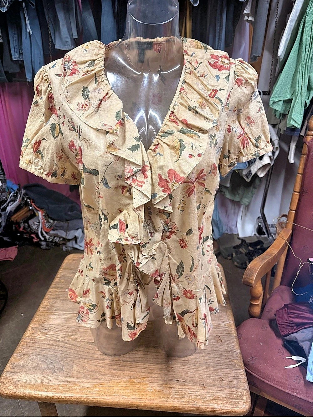 Lauren Jeans Co. Ralph Lauren Floral Ruffle-Trim Cotton Blouse Yellow & Red
